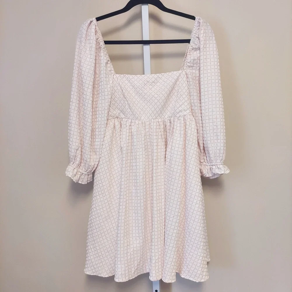 Storia Pink White Puff‎ Sleeve Babydoll Mini Dress Square Neck L Coquette Preppy